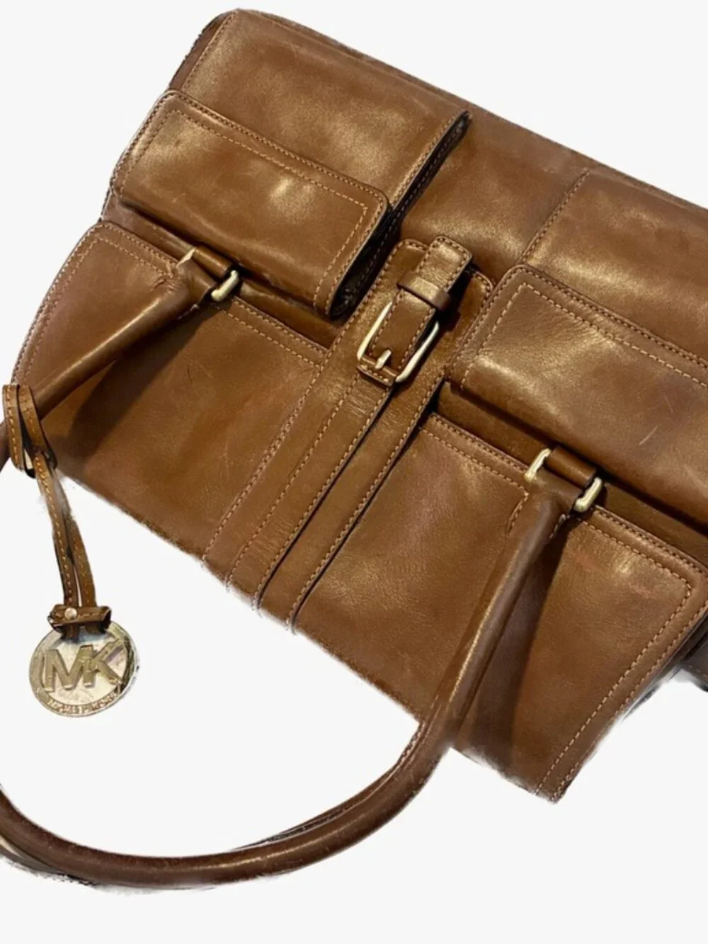 Michael Kors Cognac Brown Leather Satchel Shoulder Bag MK Charm